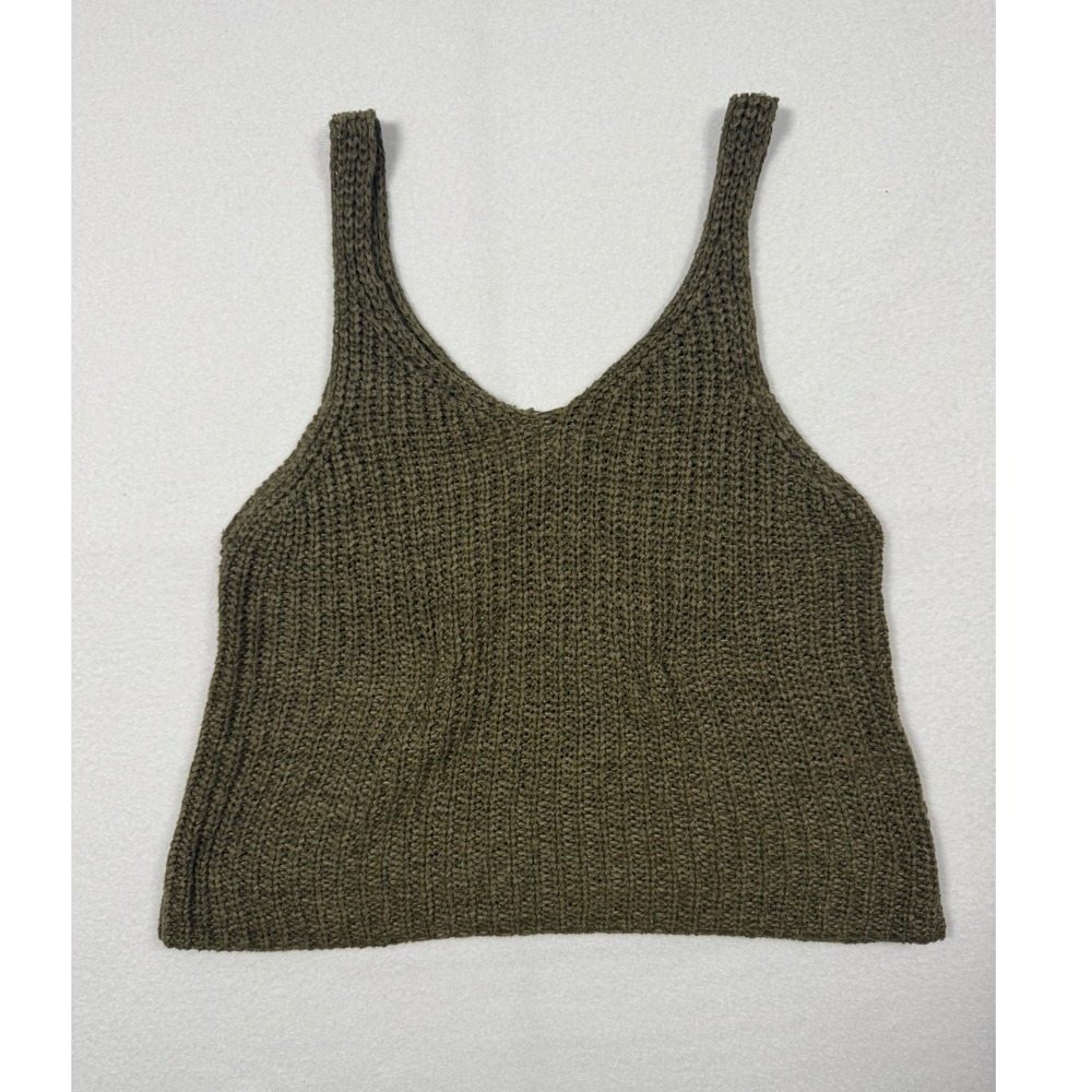 Earthy Textered Red Butterfly Crochet Knit Tank Top Women Med Olive Green V-Neck